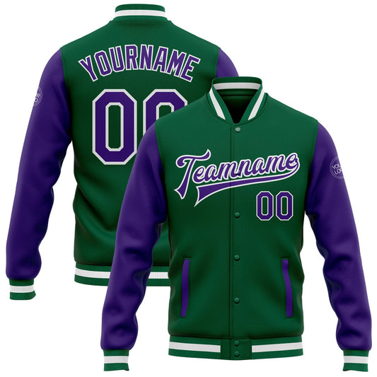 Custom Kelly Green Purple-White Bomber Full-Snap Varsity Letterman Two Tone Jacket - Main View
