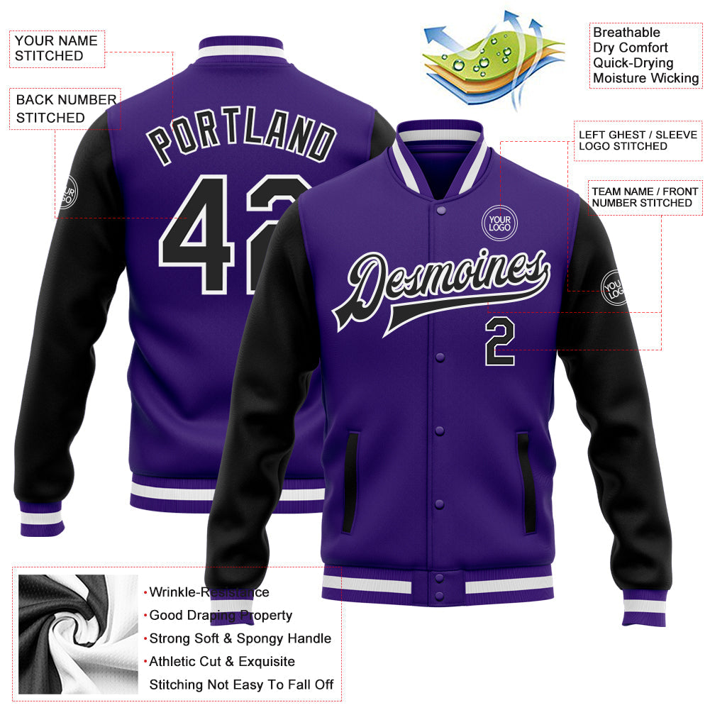 Custom Purple Black-White Bomber Full-Snap Varsity Letterman Two Tone Jacket view 5