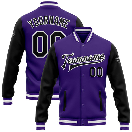 Custom Purple Black-White Bomber Full-Snap Varsity Letterman Two Tone Jacket - Main View
