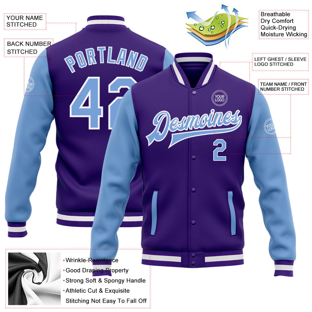 Custom Purple Light Blue-White Bomber Full-Snap Varsity Letterman Two Tone Jacket view 5