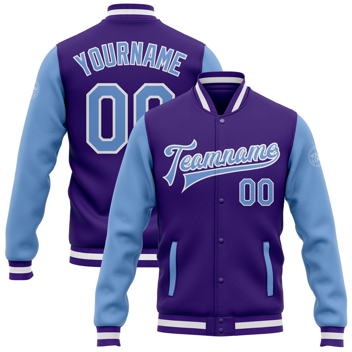 Custom Purple Light Blue-White Bomber Full-Snap Varsity Letterman Two Tone Jacket - Main View