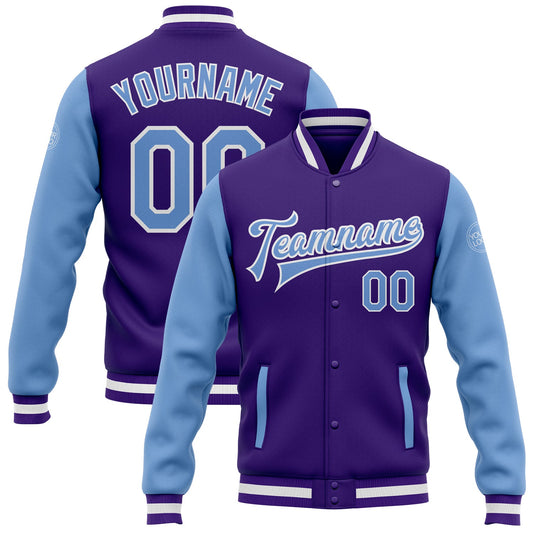 Custom Purple Light Blue-White Bomber Full-Snap Varsity Letterman Two Tone Jacket - Main View