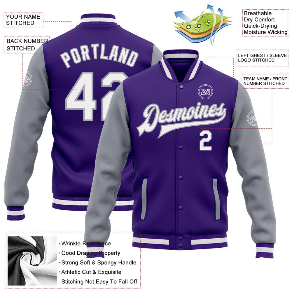 Custom Purple White-Gray Bomber Full-Snap Varsity Letterman Two Tone Jacket view 5