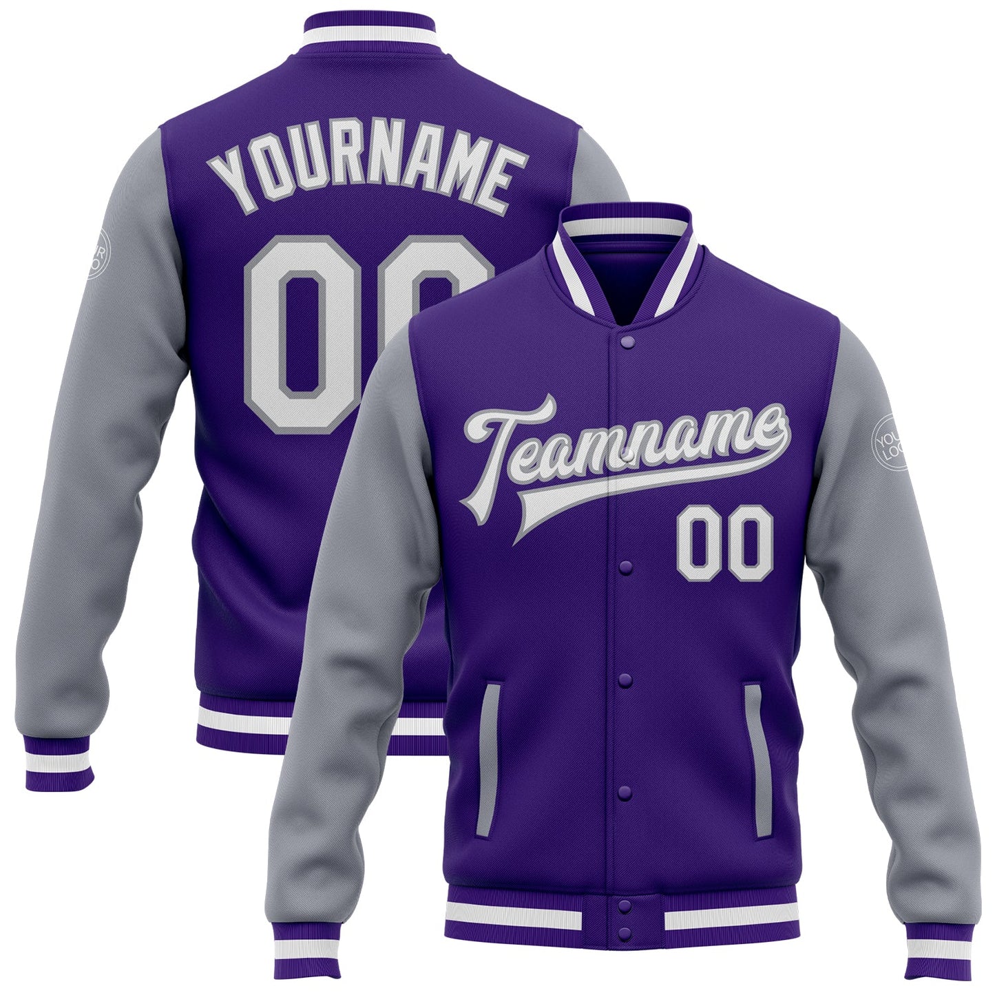 Custom Purple White-Gray Bomber Full-Snap Varsity Letterman Two Tone Jacket - Main View