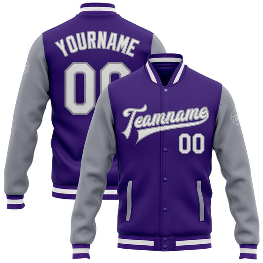 Custom Purple White-Gray Bomber Full-Snap Varsity Letterman Two Tone Jacket - Main View
