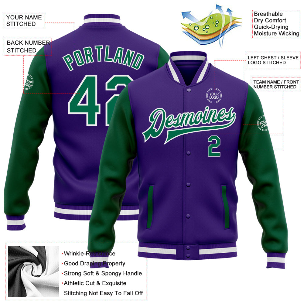 Custom Purple Kelly Green-White Bomber Full-Snap Varsity Letterman Two Tone Jacket view 5