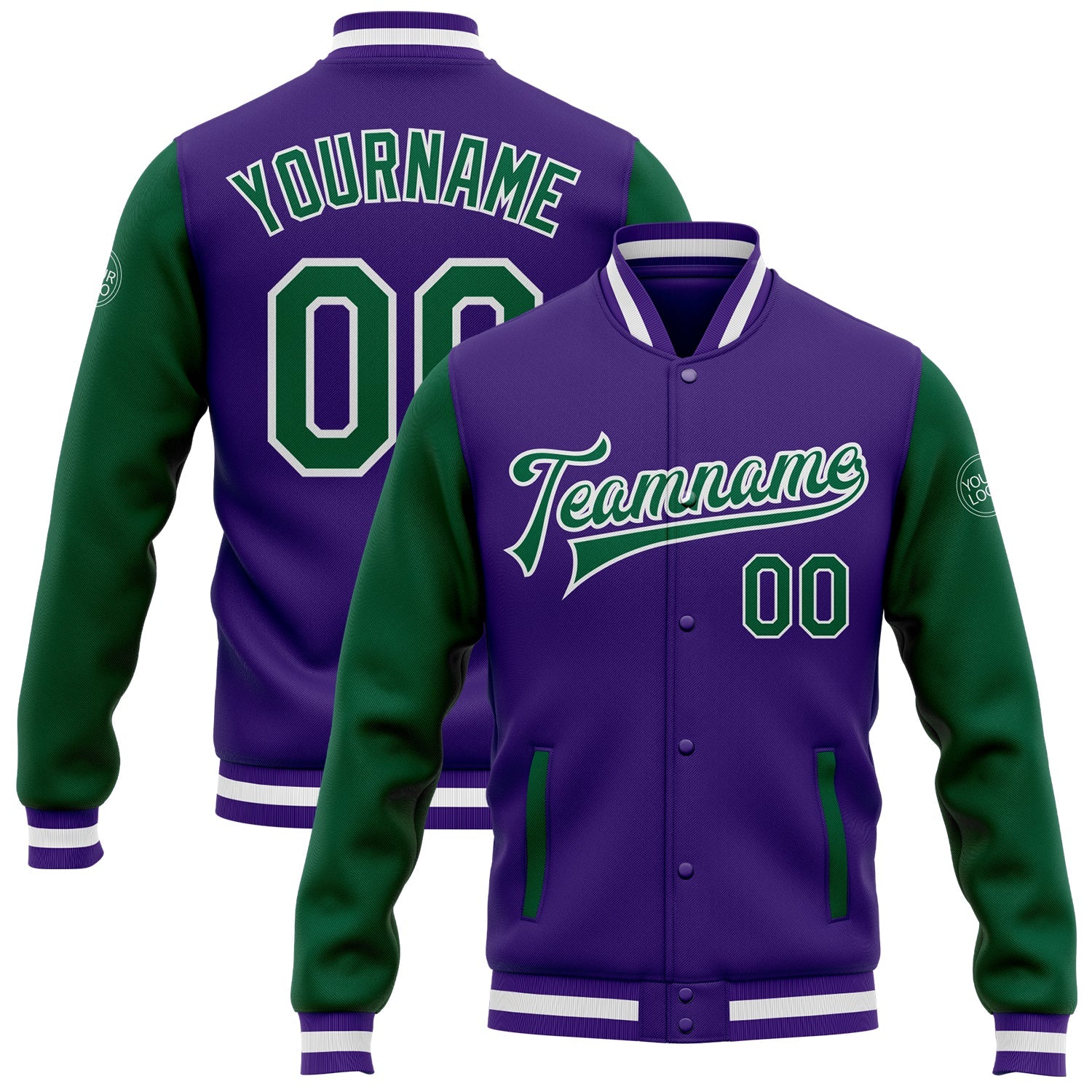 Custom Purple Kelly Green-White Bomber Full-Snap Varsity Letterman Two Tone Jacket - Main View