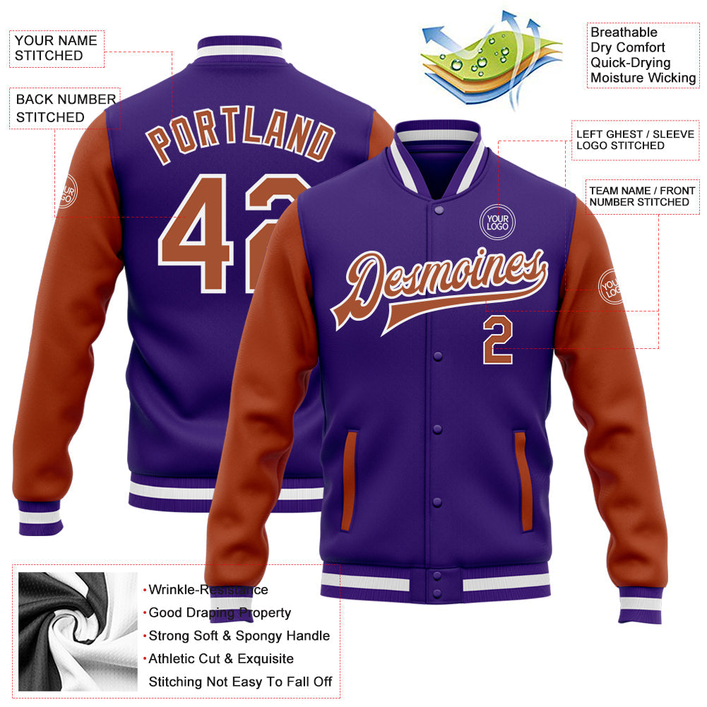 Custom Purple Texas Orange-White Bomber Full-Snap Varsity Letterman Two Tone Jacket view 5