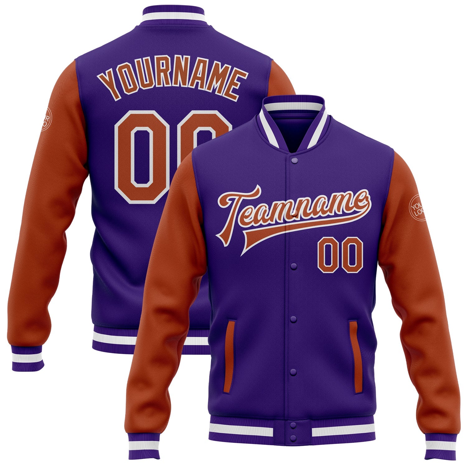 Custom Purple Texas Orange-White Bomber Full-Snap Varsity Letterman Two Tone Jacket - Main View