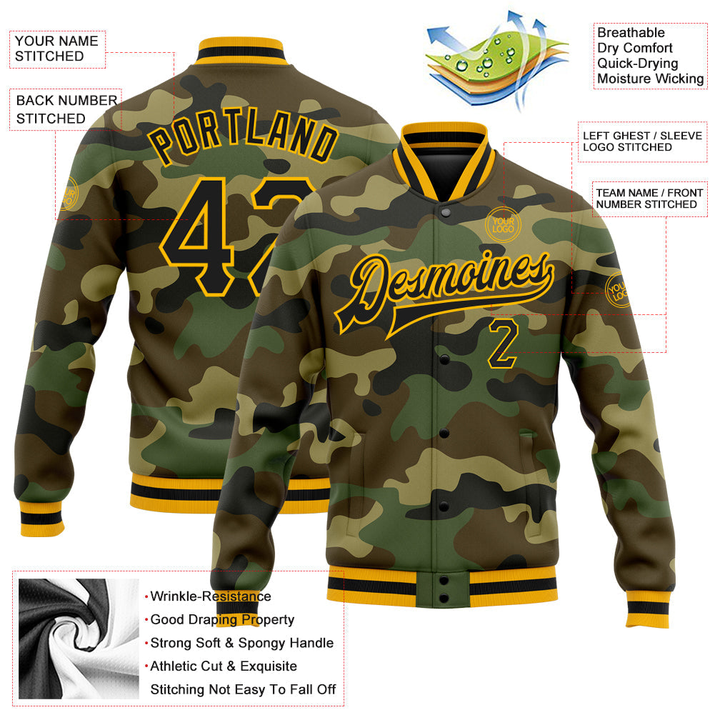 Custom Camo Black-Gold Bomber Full-Snap Varsity Letterman Salute To Service Jacket view 5