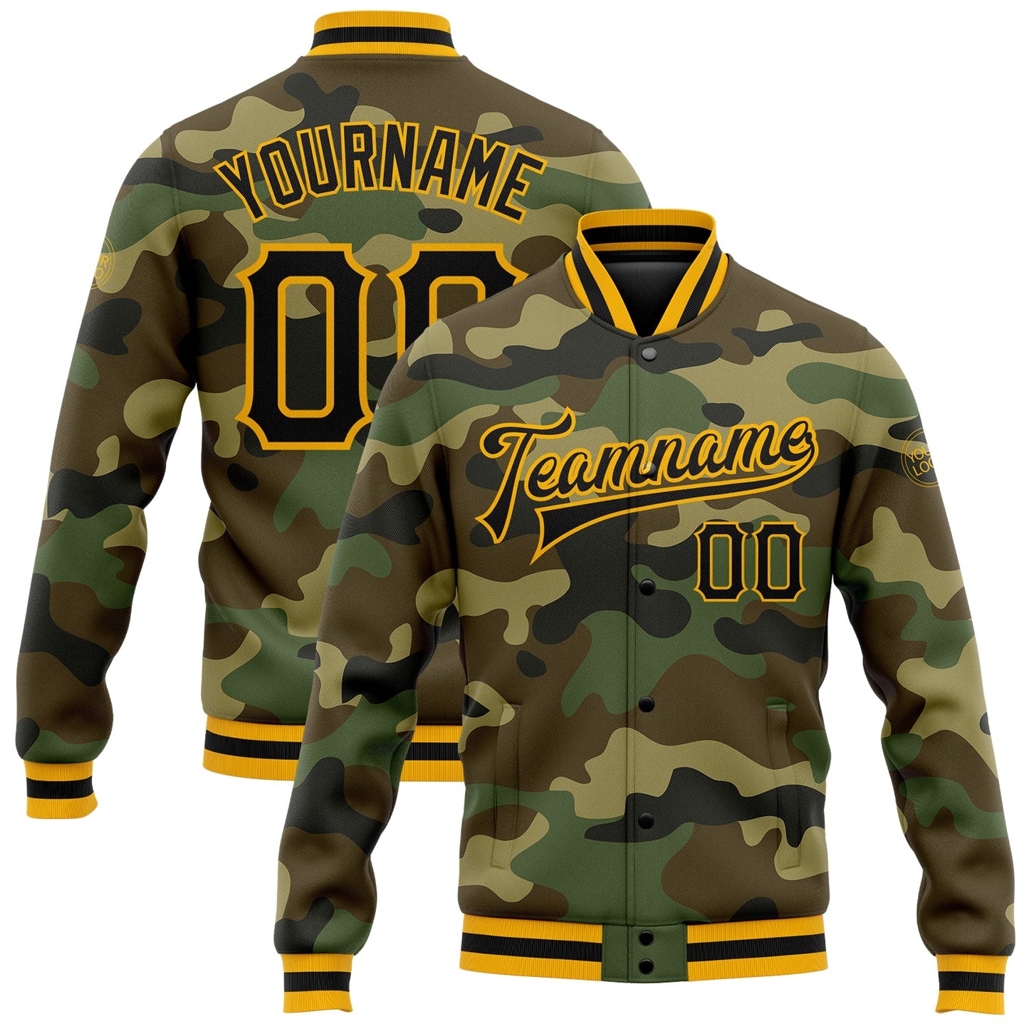 Custom Camo Black-Gold Bomber Full-Snap Varsity Letterman Salute To Service Jacket - Main View