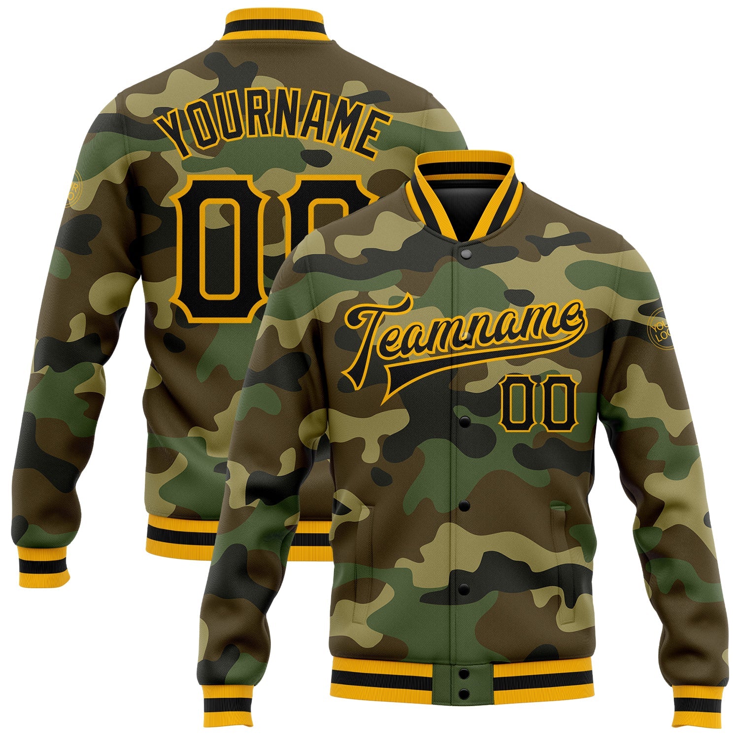 Custom Camo Black-Gold Bomber Full-Snap Varsity Letterman Salute To Service Jacket - Main View