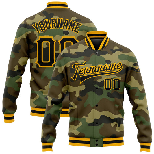 Custom Camo Black-Gold Bomber Full-Snap Varsity Letterman Salute To Service Jacket - Main View