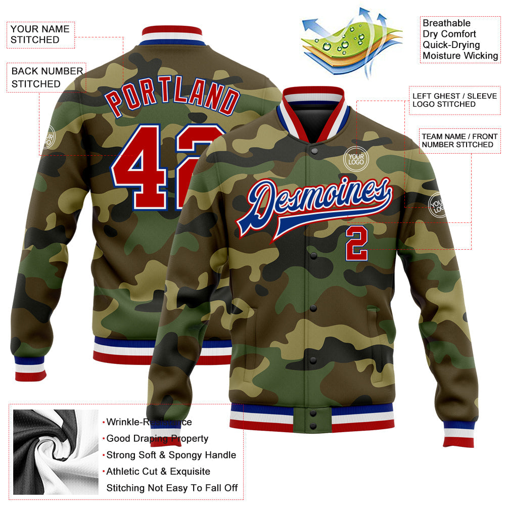 Custom Camo Red-Royal Bomber Full-Snap Varsity Letterman Salute To Service Jacket view 5