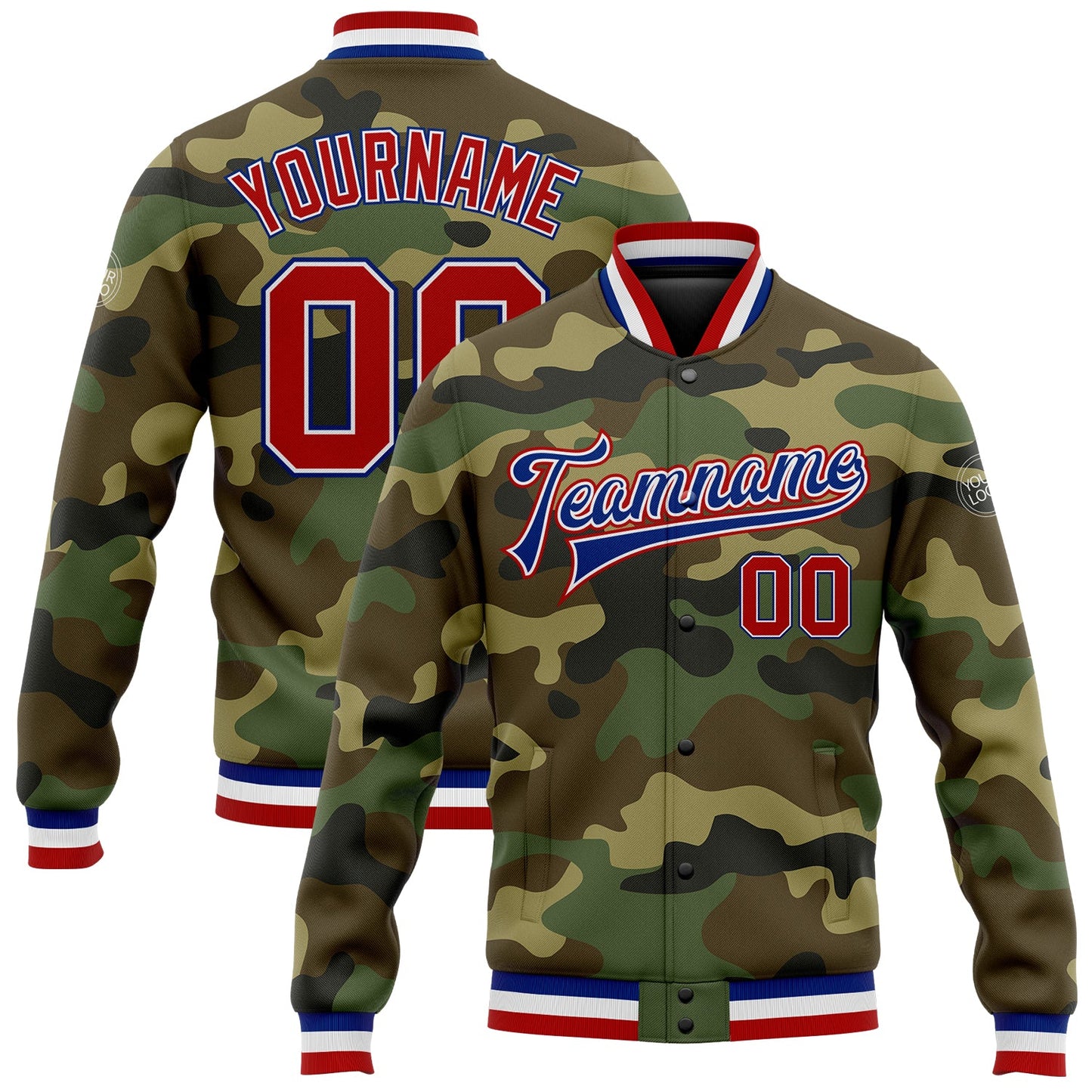 Custom Camo Red-Royal Bomber Full-Snap Varsity Letterman Salute To Service Jacket - Main View
