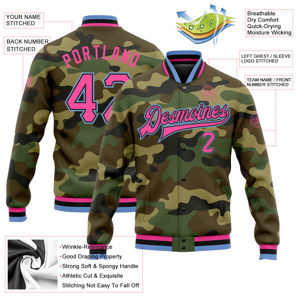 Custom Camo Pink Black-Light Blue Bomber Full-Snap Varsity Letterman Salute To Service Jacket view 5