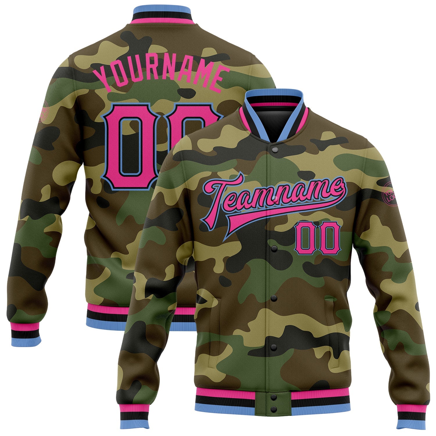 Custom Camo Pink Black-Light Blue Bomber Full-Snap Varsity Letterman Salute To Service Jacket - Main View