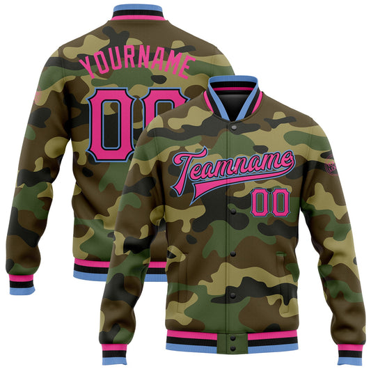 Custom Camo Pink Black-Light Blue Bomber Full-Snap Varsity Letterman Salute To Service Jacket - Main View