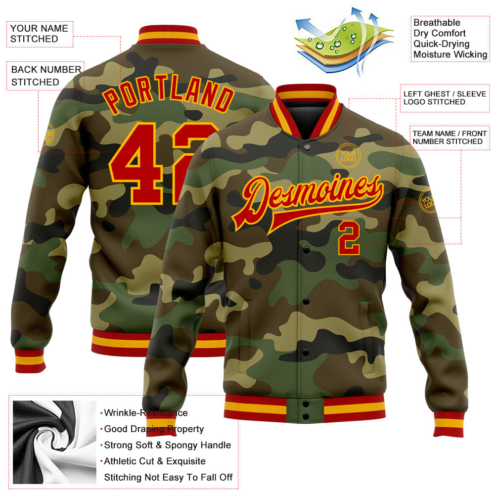 Custom Camo Red-Gold Bomber Full-Snap Varsity Letterman Salute To Service Jacket view 5