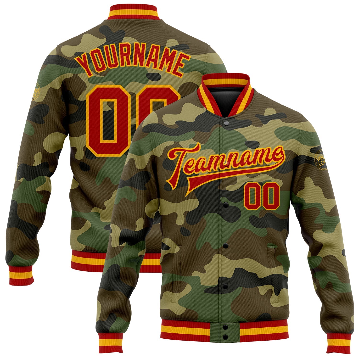 Custom Camo Red-Gold Bomber Full-Snap Varsity Letterman Salute To Service Jacket - Main View
