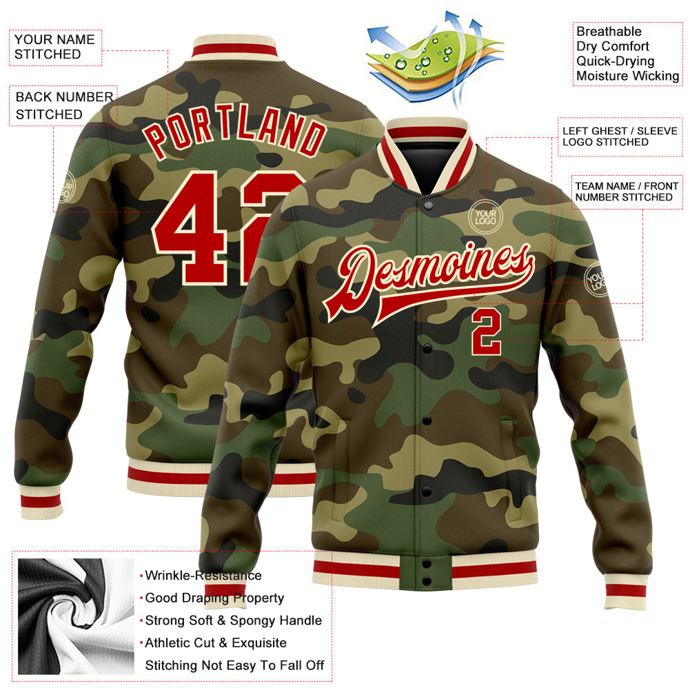Custom Camo Red-Cream Bomber Full-Snap Varsity Letterman Salute To Service Jacket view 5