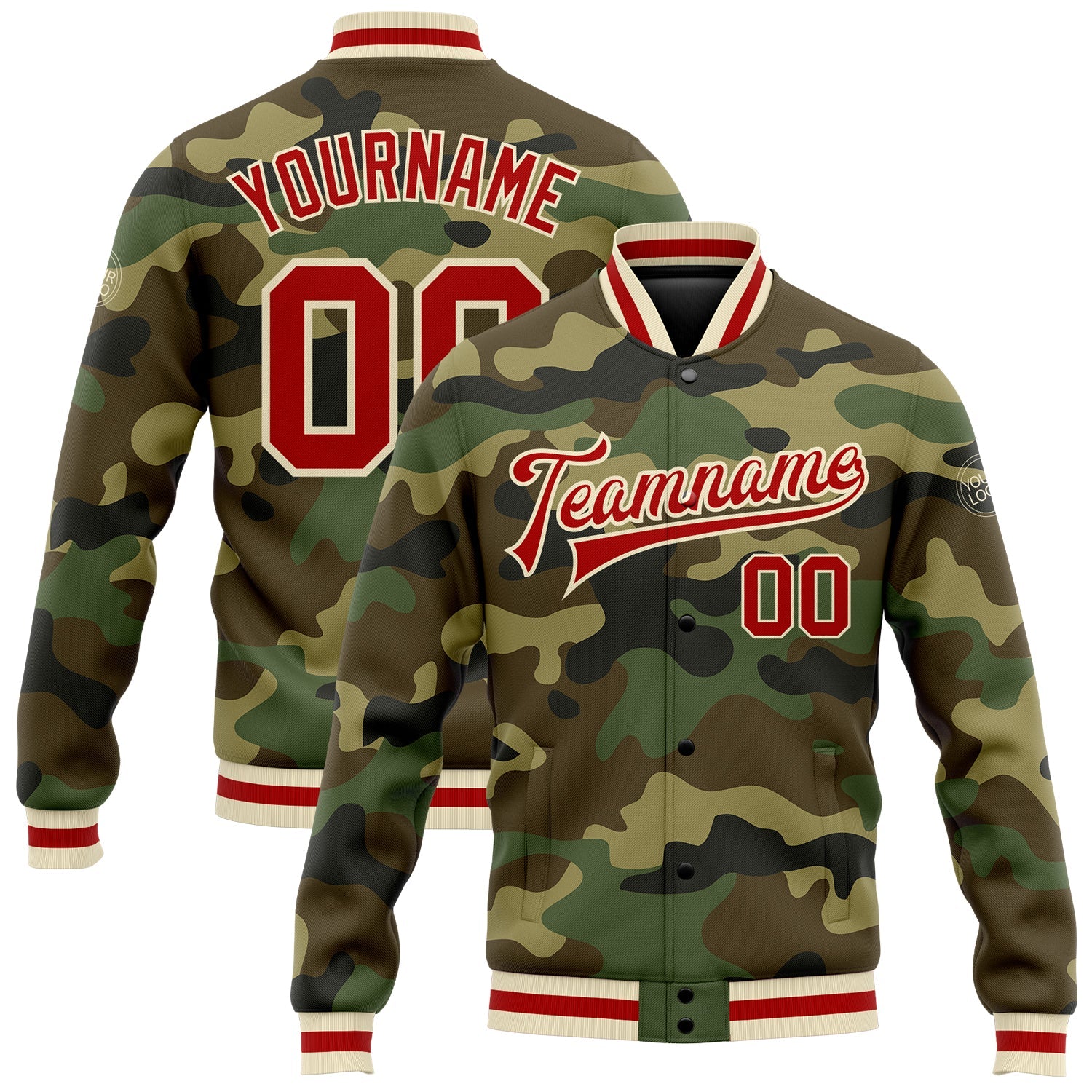 Custom Camo Red-Cream Bomber Full-Snap Varsity Letterman Salute To Service Jacket - Main View