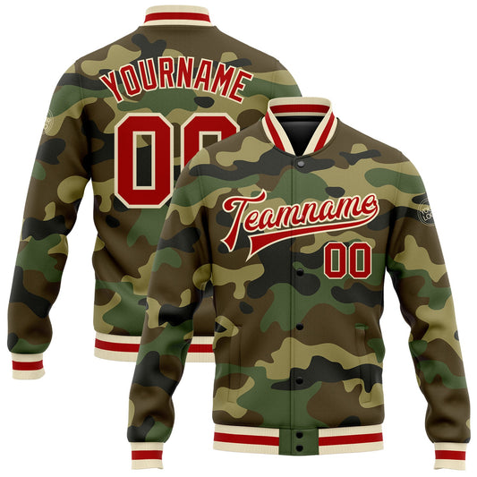 Custom Camo Red-Cream Bomber Full-Snap Varsity Letterman Salute To Service Jacket - Main View