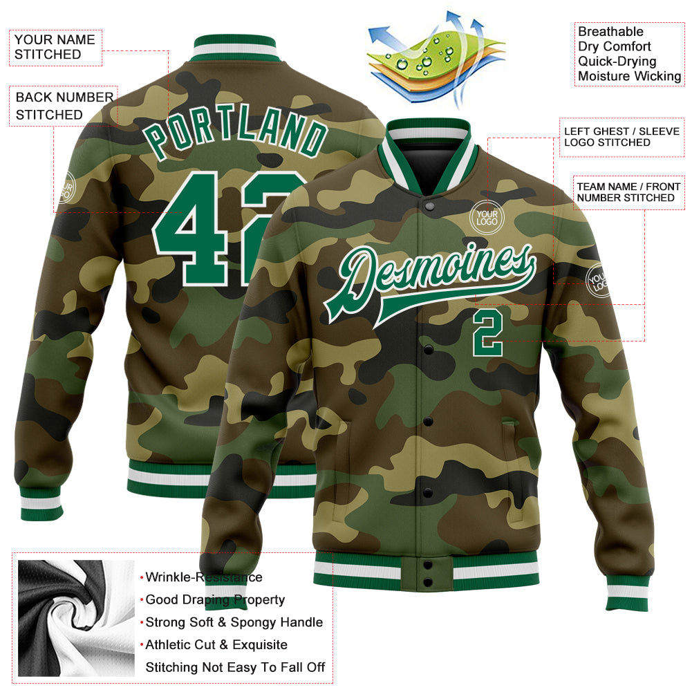 Custom Camo Kelly Green-White Bomber Full-Snap Varsity Letterman Salute To Service Jacket view 5