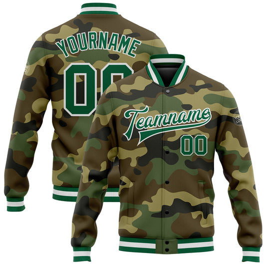 Custom Camo Kelly Green-White Bomber Full-Snap Varsity Letterman Salute To Service Jacket - Main View