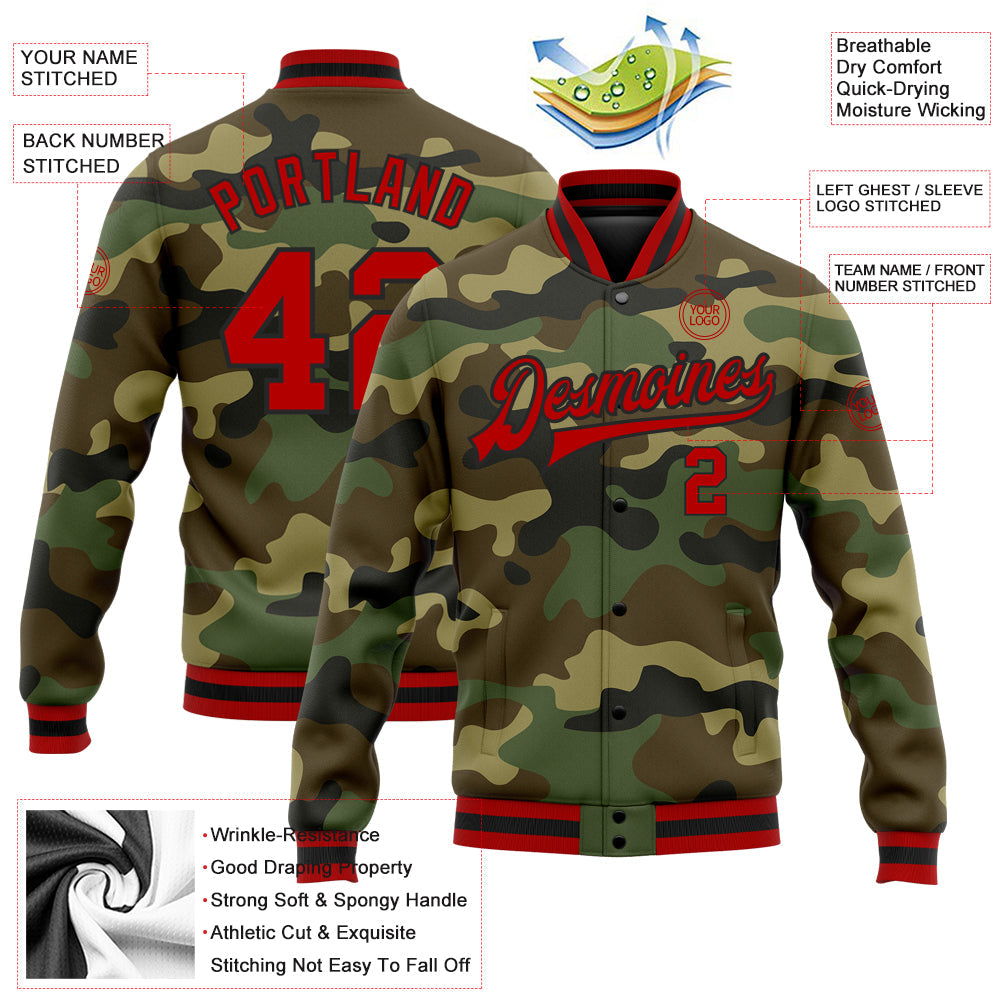 Custom Camo Red-Black Bomber Full-Snap Varsity Letterman Salute To Service Jacket view 5