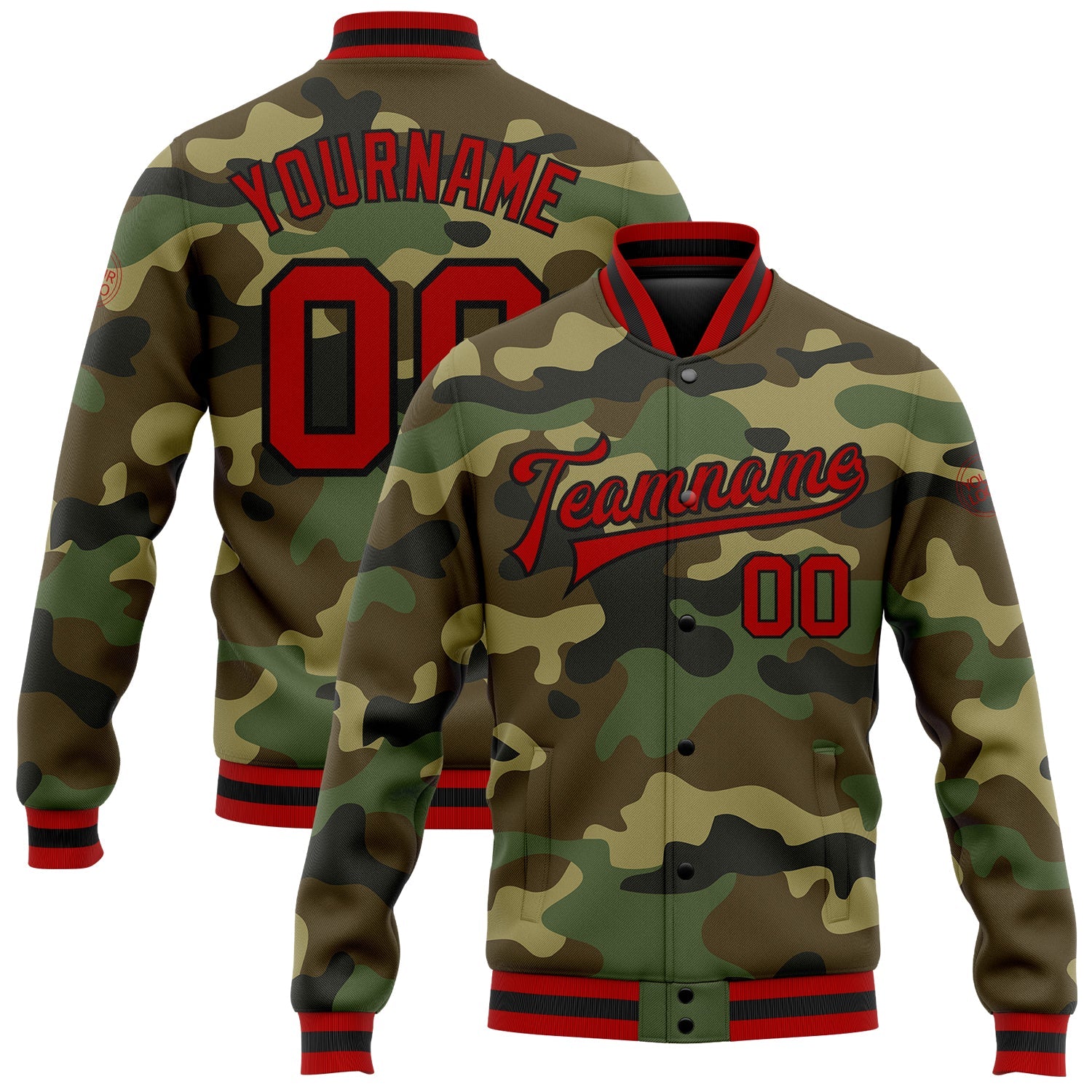 Custom Camo Red-Black Bomber Full-Snap Varsity Letterman Salute To Service Jacket - Main View