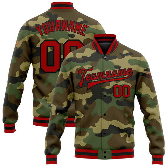 Custom Camo Red-Black Bomber Full-Snap Varsity Letterman Salute To Service Jacket - Main View