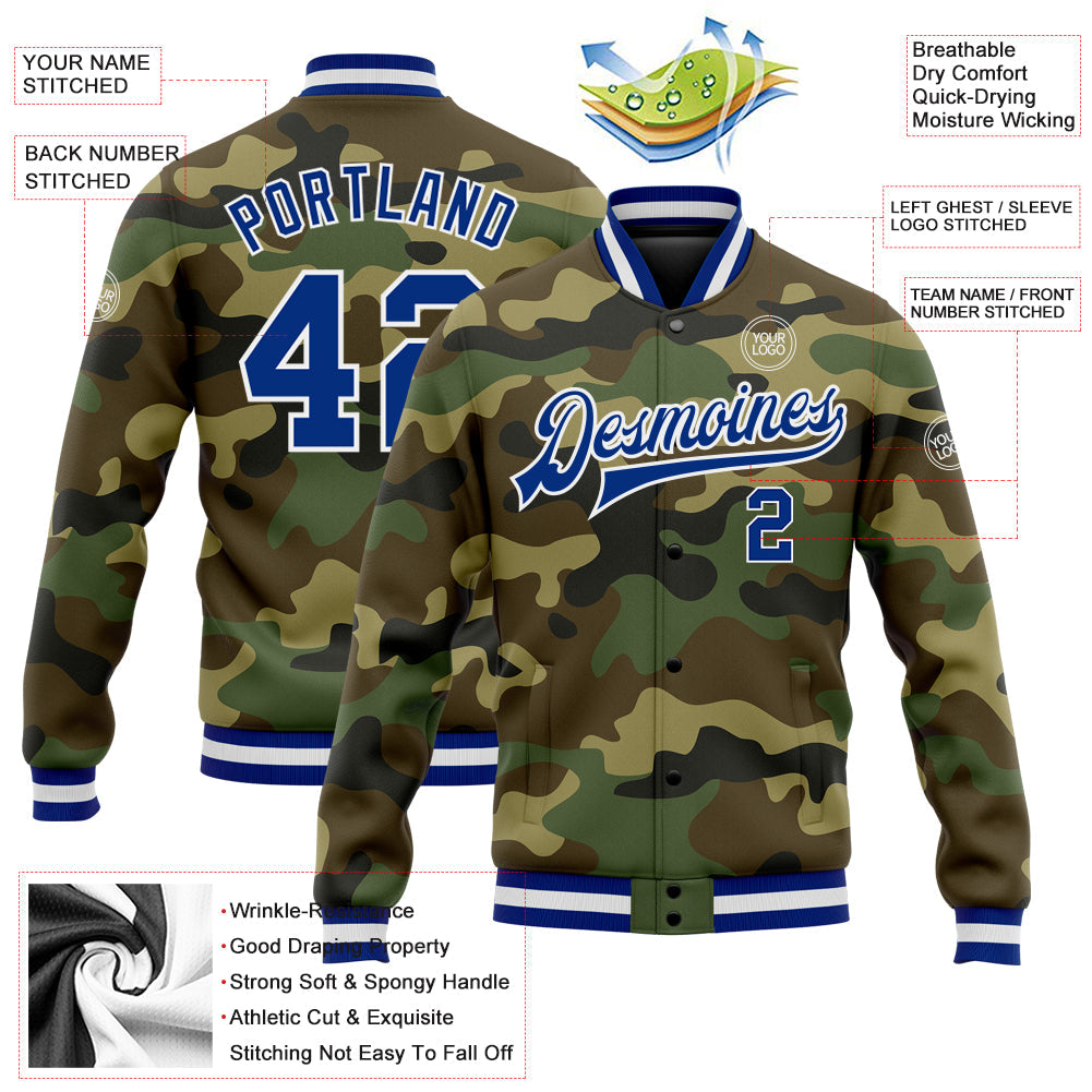Custom Camo Royal-White Bomber Full-Snap Varsity Letterman Salute To Service Jacket view 5
