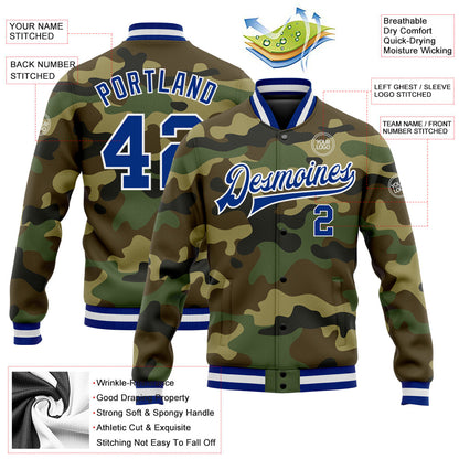 Custom Camo Royal-White Bomber Full-Snap Varsity Letterman Salute To Service Jacket view 5