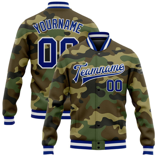 Custom Camo Royal-White Bomber Full-Snap Varsity Letterman Salute To Service Jacket - Main View