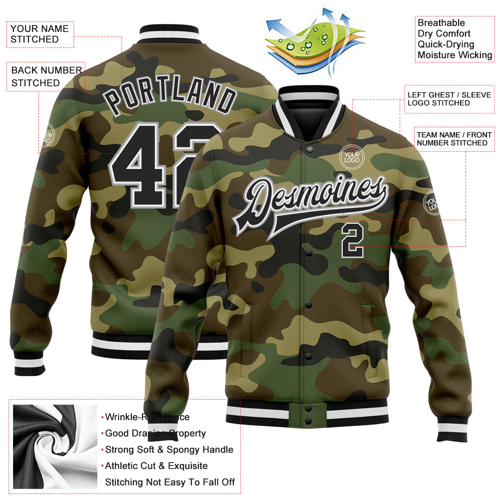 Custom Camo Black-Gray Bomber Full-Snap Varsity Letterman Salute To Service Jacket view 5