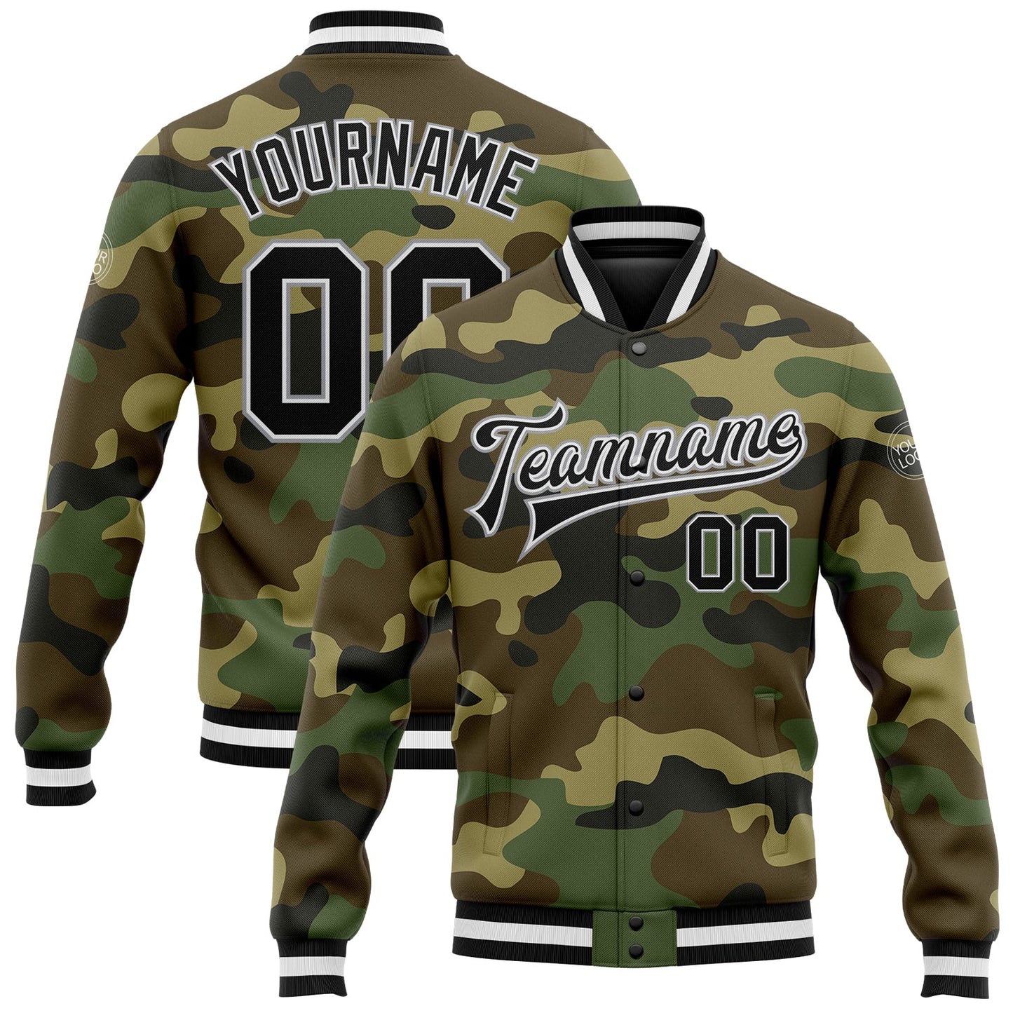 Custom Camo Black-Gray Bomber Full-Snap Varsity Letterman Salute To Service Jacket - Main View