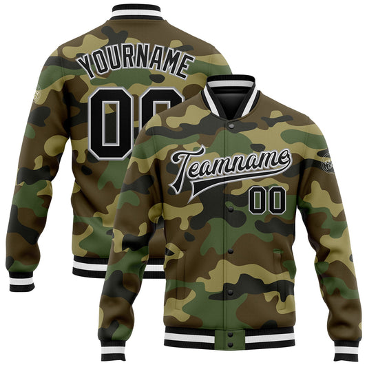 Custom Camo Black-Gray Bomber Full-Snap Varsity Letterman Salute To Service Jacket - Main View