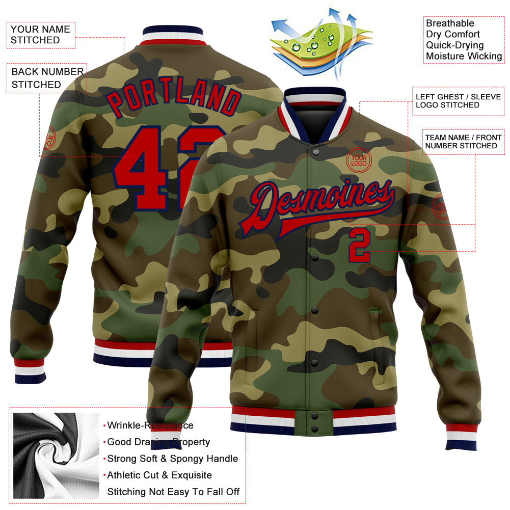 Custom Camo Red-Navy Bomber Full-Snap Varsity Letterman Salute To Service Jacket view 5