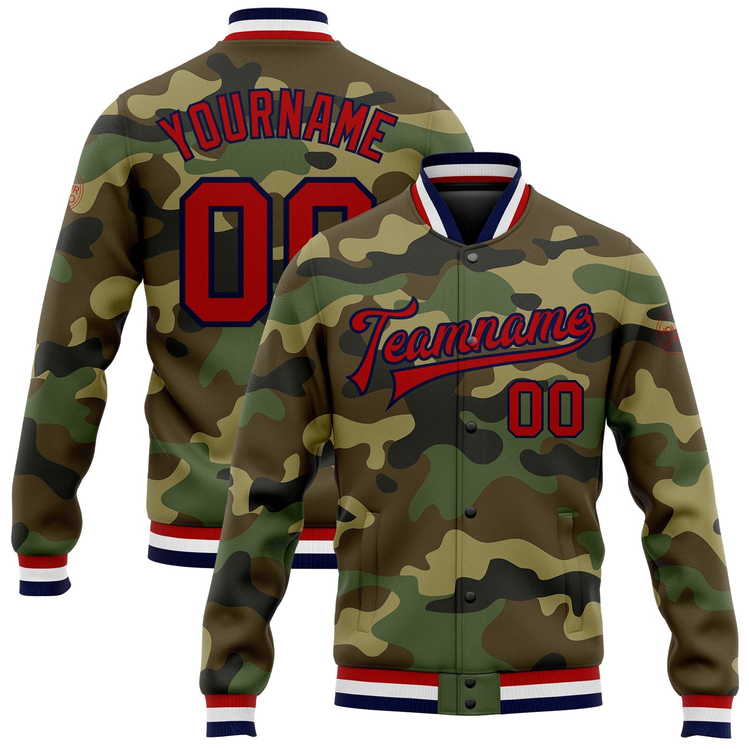 Custom Camo Red-Navy Bomber Full-Snap Varsity Letterman Salute To Service Jacket - Main View