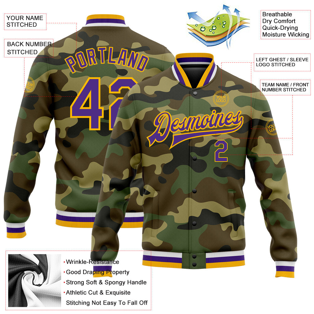 Custom Camo Purple-Gold Bomber Full-Snap Varsity Letterman Salute To Service Jacket view 5