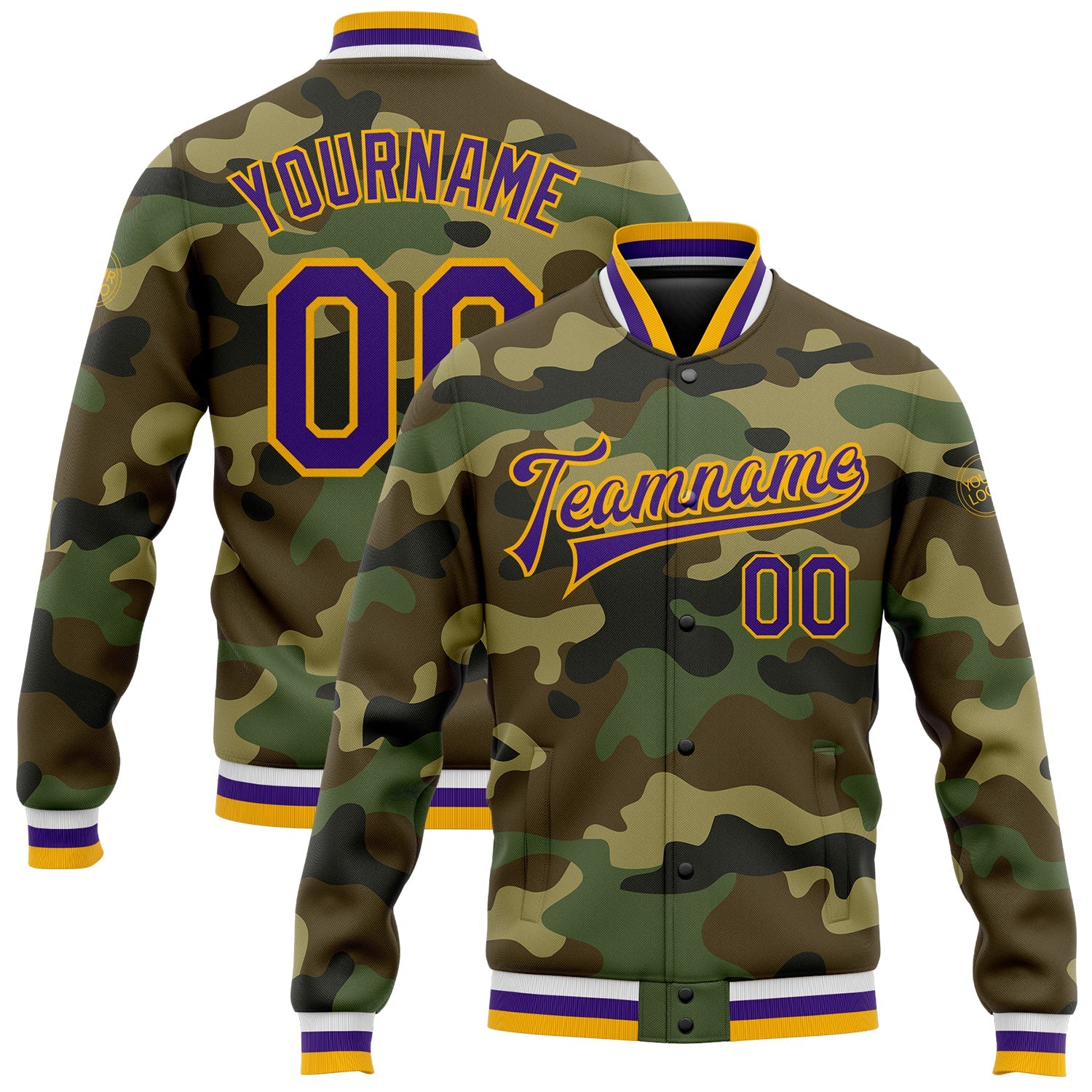 Custom Camo Purple-Gold Bomber Full-Snap Varsity Letterman Salute To Service Jacket - Main View