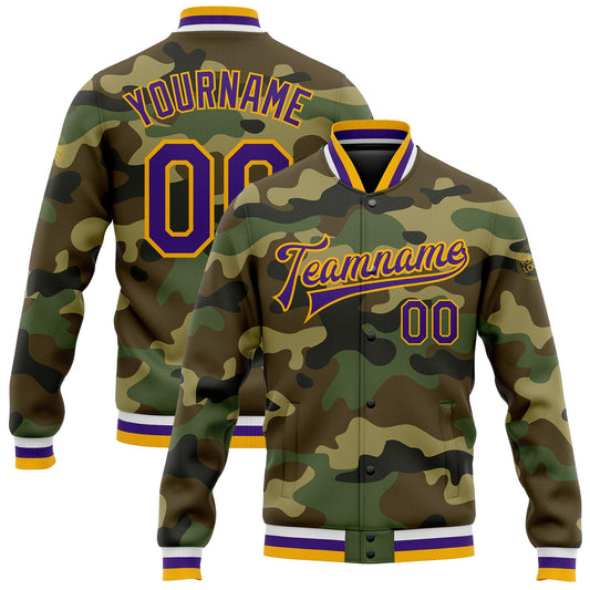 Custom Camo Purple-Gold Bomber Full-Snap Varsity Letterman Salute To Service Jacket - Main View