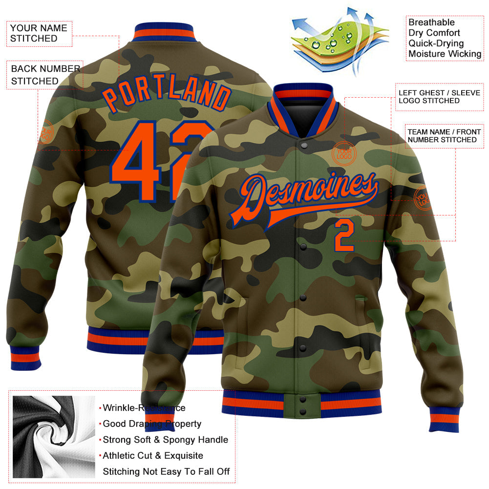 Custom Camo Orange-Royal Bomber Full-Snap Varsity Letterman Salute To Service Jacket view 5