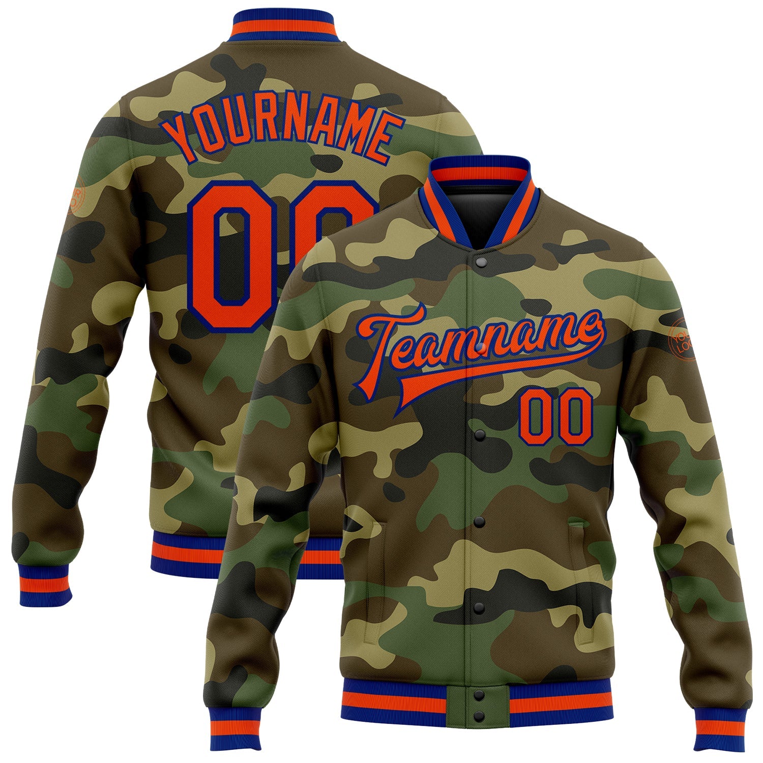 Custom Camo Orange-Royal Bomber Full-Snap Varsity Letterman Salute To Service Jacket - Main View