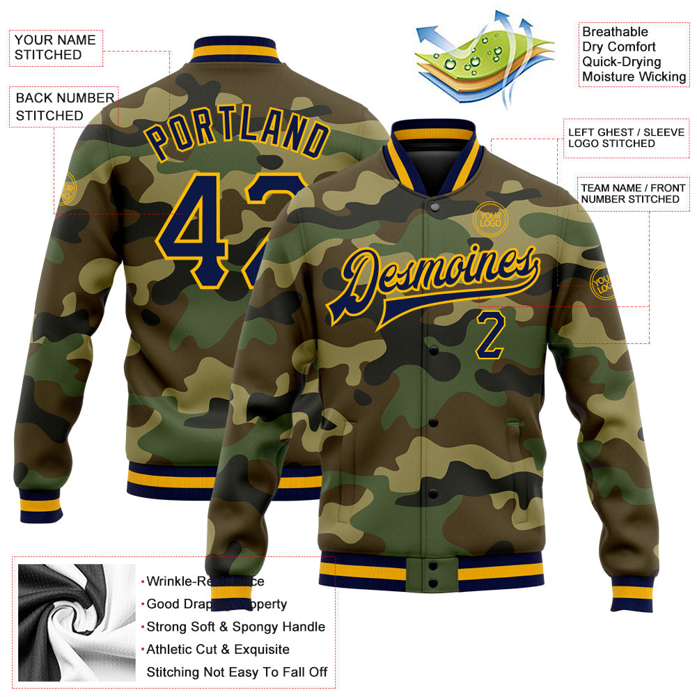 Custom Camo Navy-Gold Bomber Full-Snap Varsity Letterman Salute To Service Jacket view 5