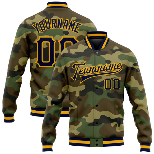 Custom Camo Navy-Gold Bomber Full-Snap Varsity Letterman Salute To Service Jacket - Main View