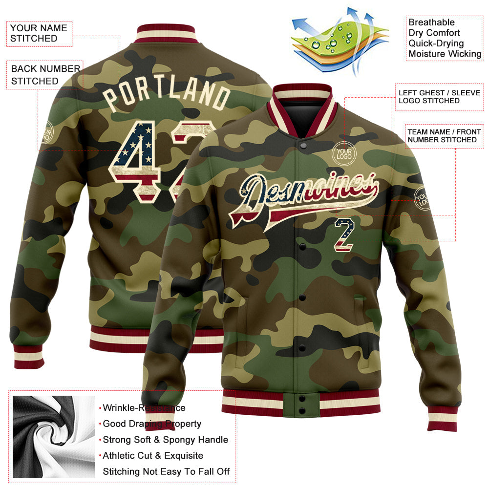 Custom Camo Vintage USA Flag Cream-Maroon Bomber Full-Snap Varsity Letterman Salute To Service Jacket view 5