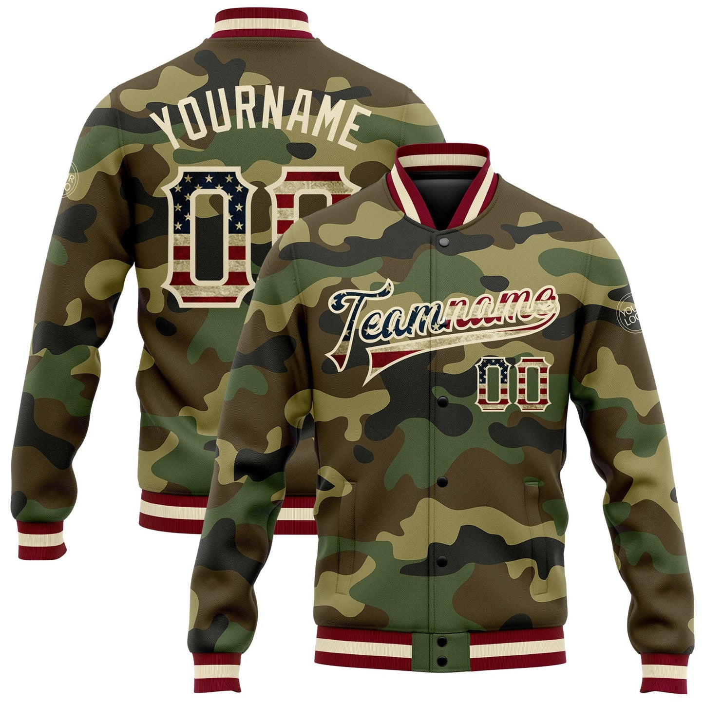 Custom Camo Vintage USA Flag Cream-Maroon Bomber Full-Snap Varsity Letterman Salute To Service Jacket - Main View