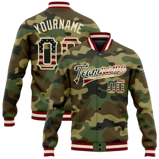 Custom Camo Vintage USA Flag Cream-Maroon Bomber Full-Snap Varsity Letterman Salute To Service Jacket - Main View